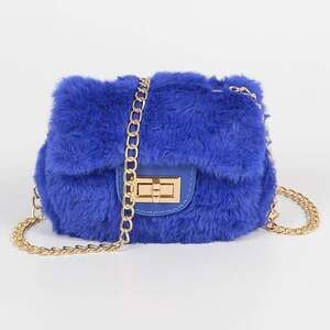 Cobalt Blue Faux Fur Mini Crossbody Bag with Gold Chain Strap